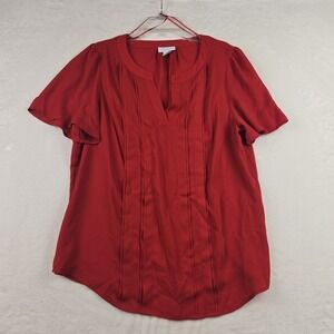 Liz Claiborne Women's Red Chiffon Blouse Size Medium Short‎ Sleeve V Neck